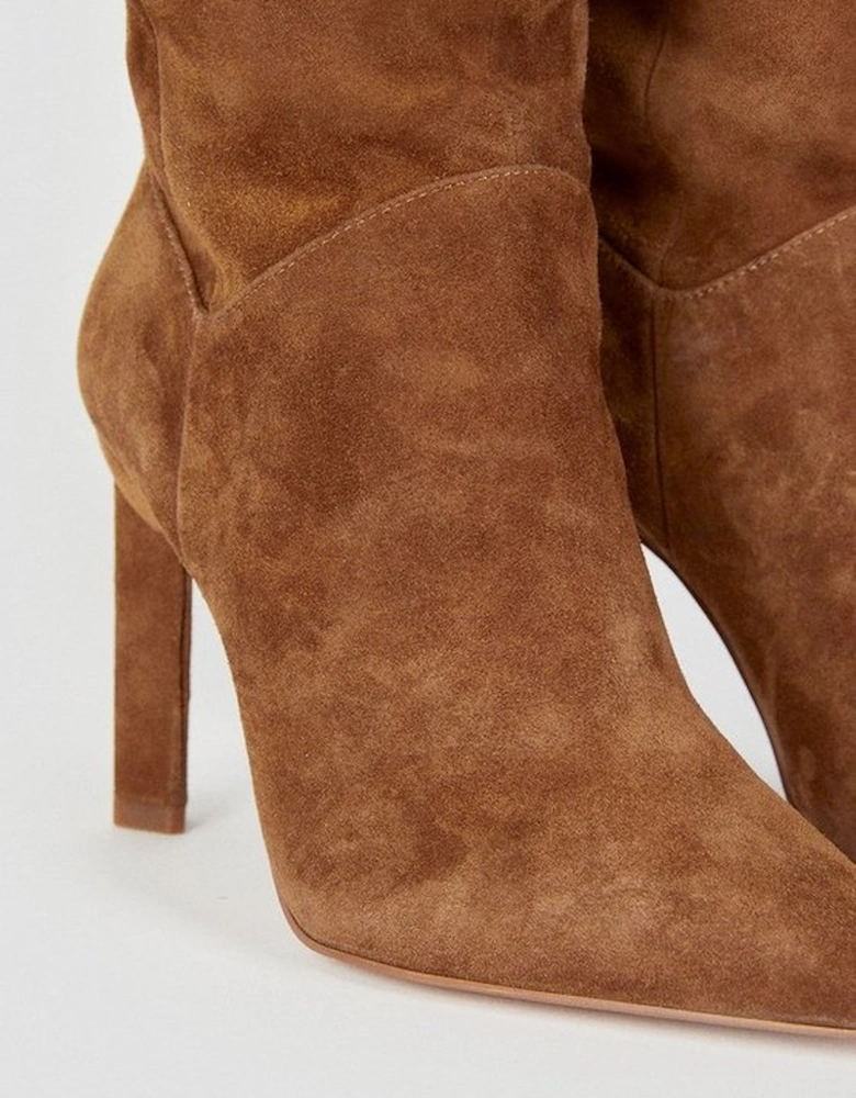 Suede Mid Calf Slouch Heeled Boot