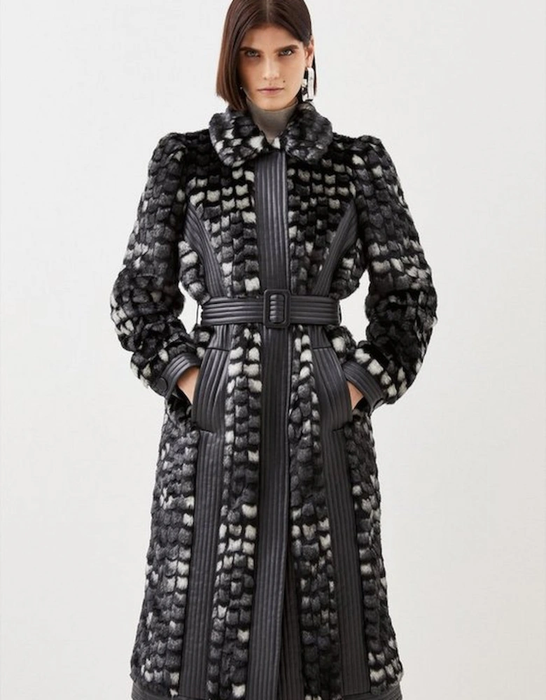 Tall Faux Fur Pu Panelled Abstract Belted Coat