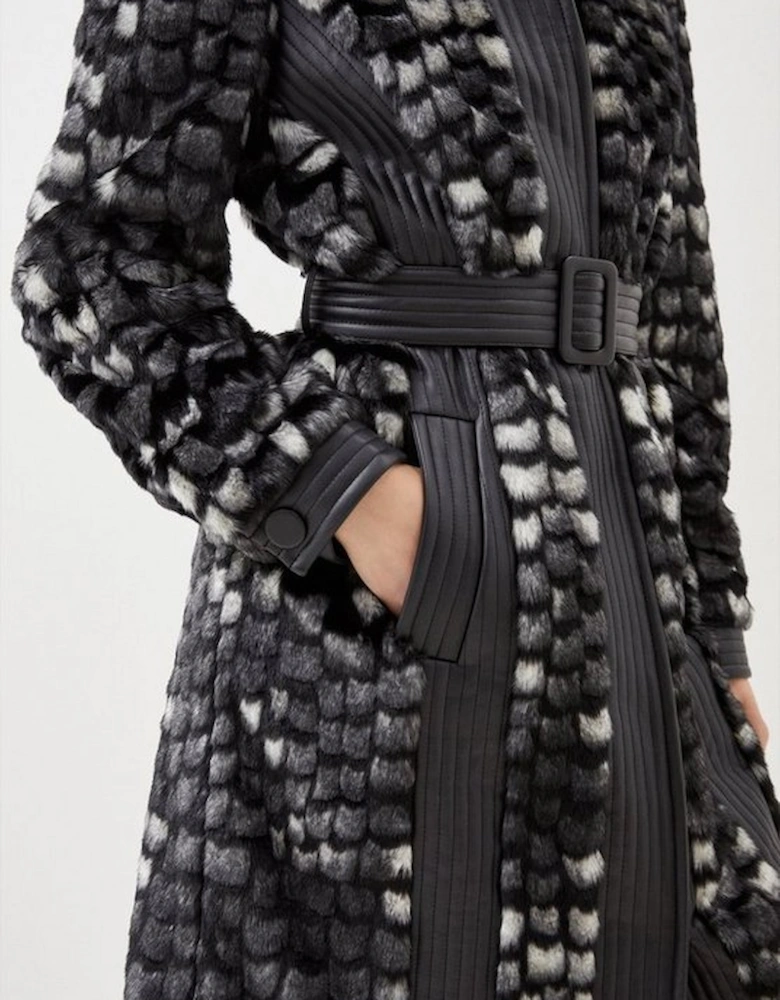 Tall Faux Fur Pu Panelled Abstract Belted Coat