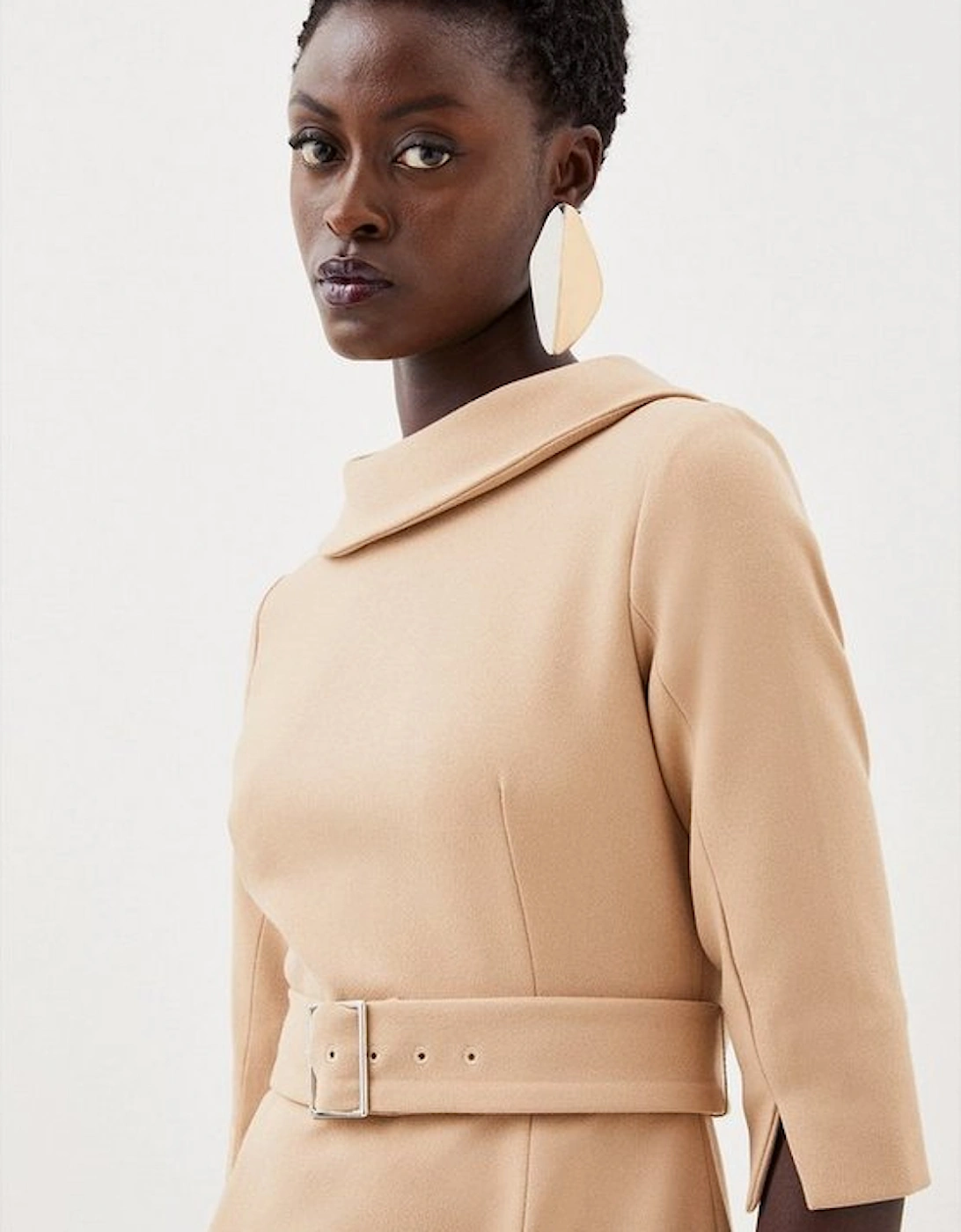 Petite Structured Crepe Roll Neck Belted Tailored Midi Dress