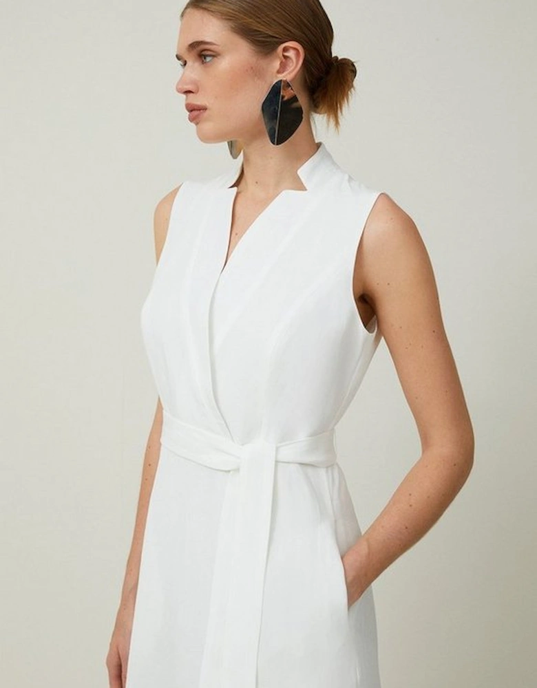 Premium Tailored Linen Notch Neck Belted Midaxi Dress