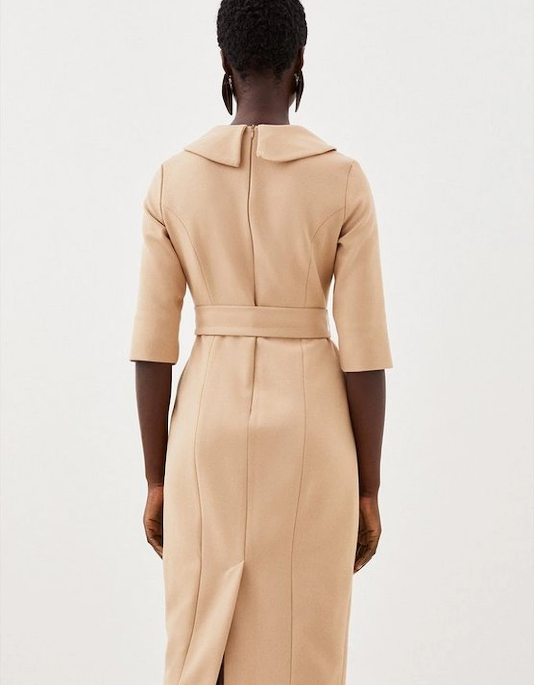 Petite Structured Crepe Roll Neck Belted Tailored Midi Dress