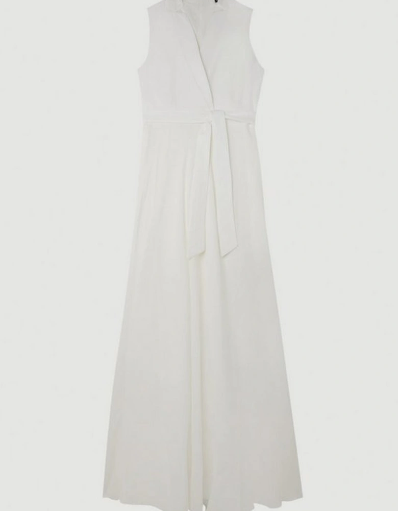 Premium Tailored Linen Notch Neck Belted Midaxi Dress