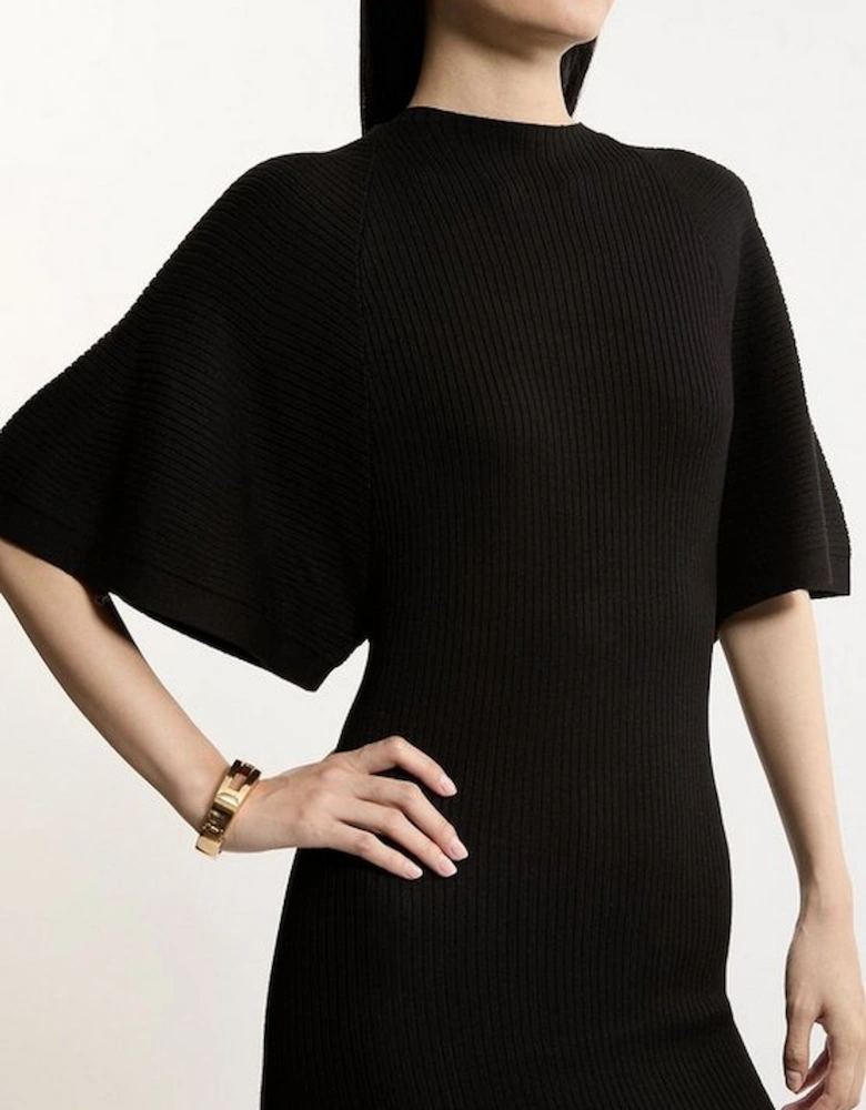 Viscose Blend Angel Sleeve Rib Knitted Midi Dress