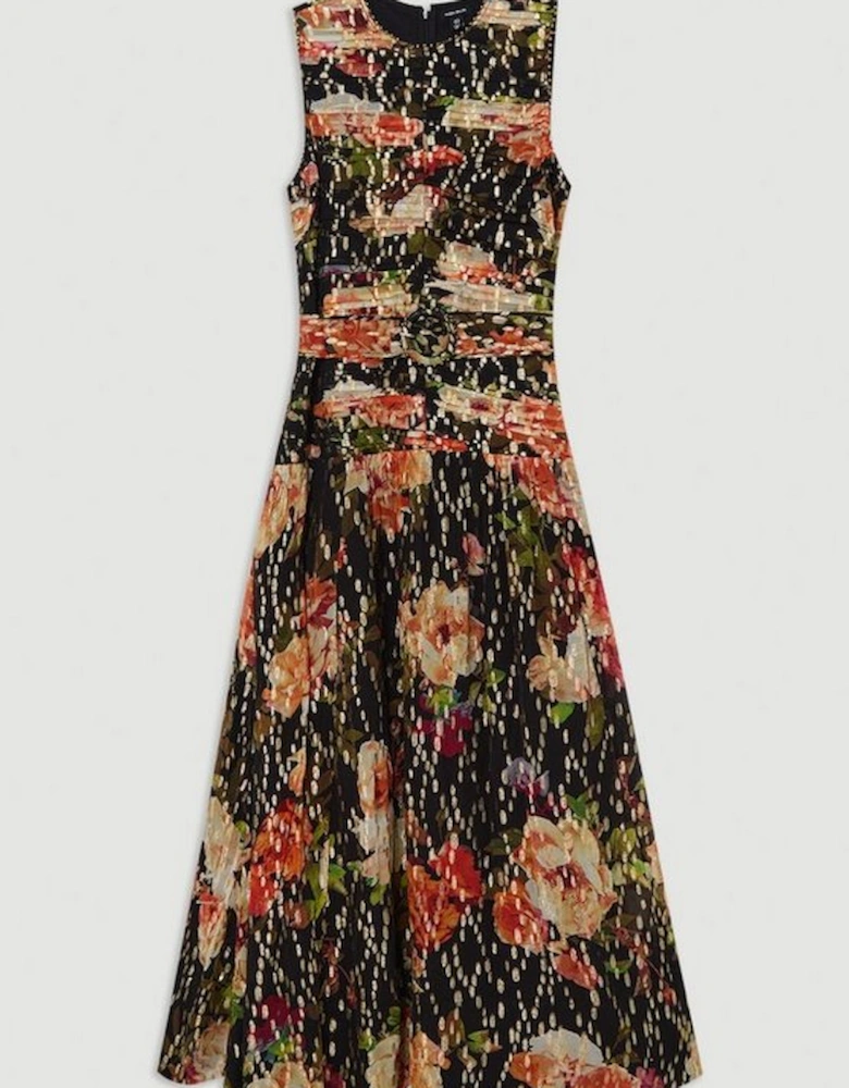 Plus Size Floral Printed Viscose Metallic Thread Beaded Woven Maxi Dress