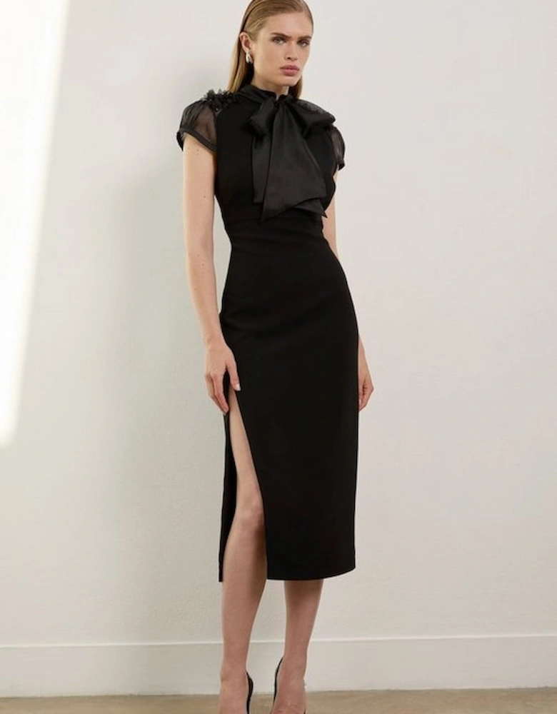 The Founder Organza Petal Applique Woven Tie Neck Midi Dress