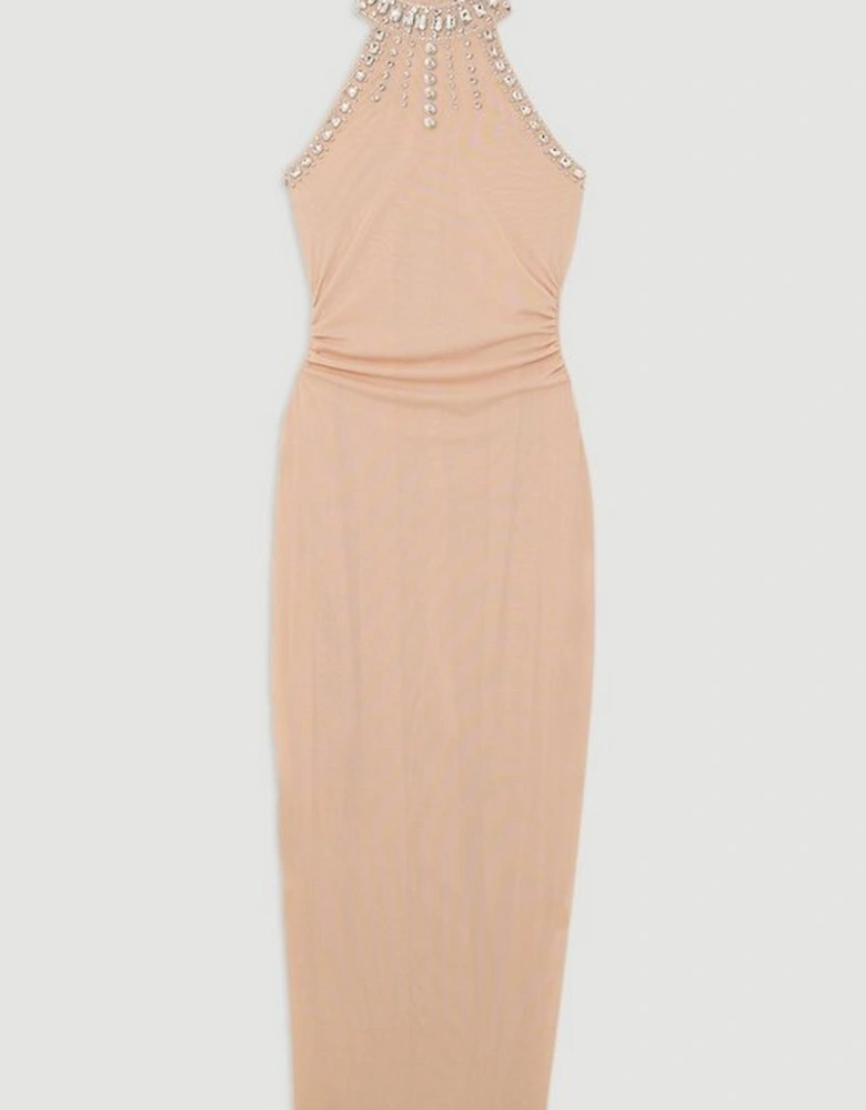 Crystal Embellished Power Mesh Jersey Midi Dress