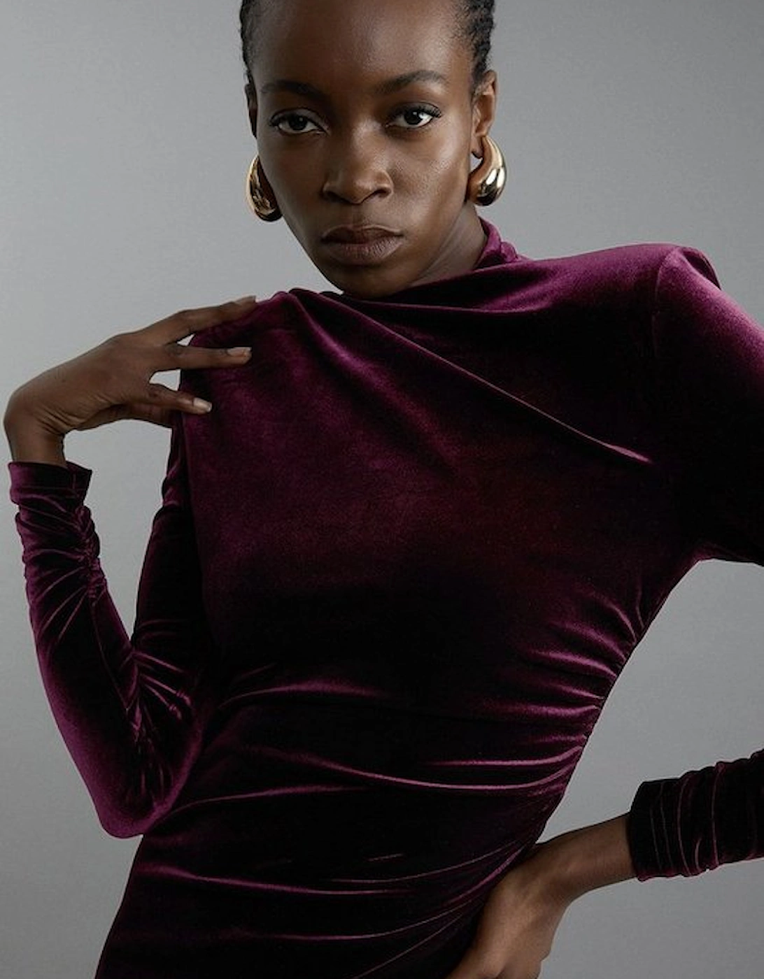 Velvet Long Sleeve Detail Midi Dress