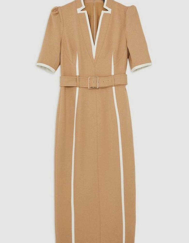 Compact Stretch Contrast Tipped Forever Belted Tailored Midi Dress