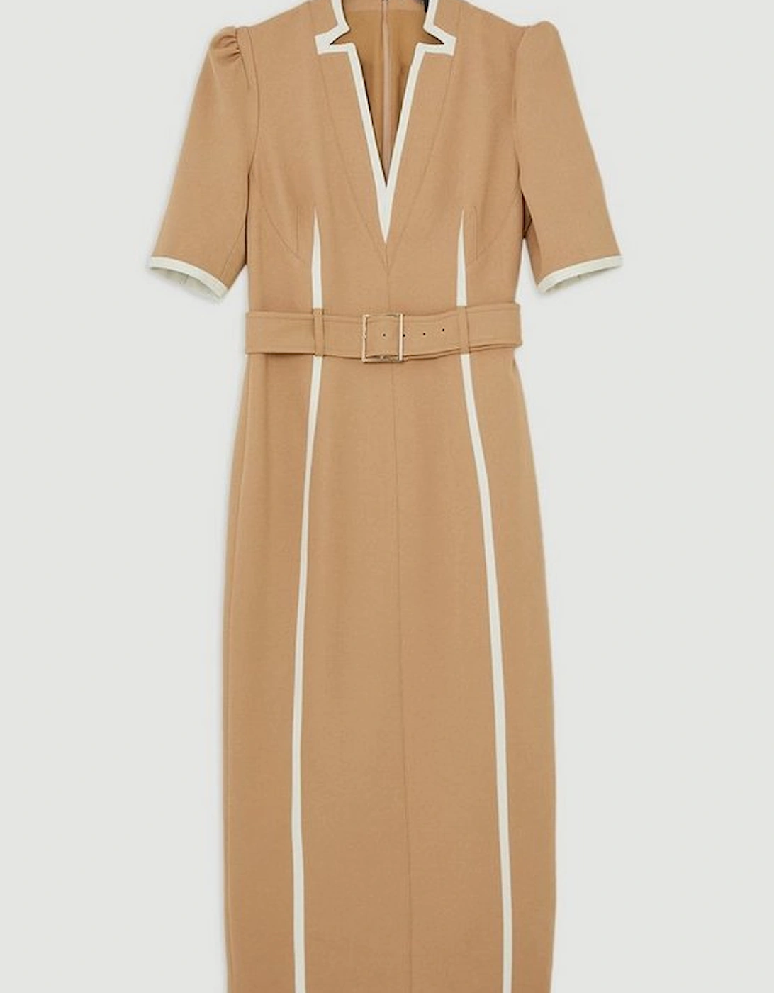 Compact Stretch Contrast Tipped Forever Belted Tailored Midi Dress