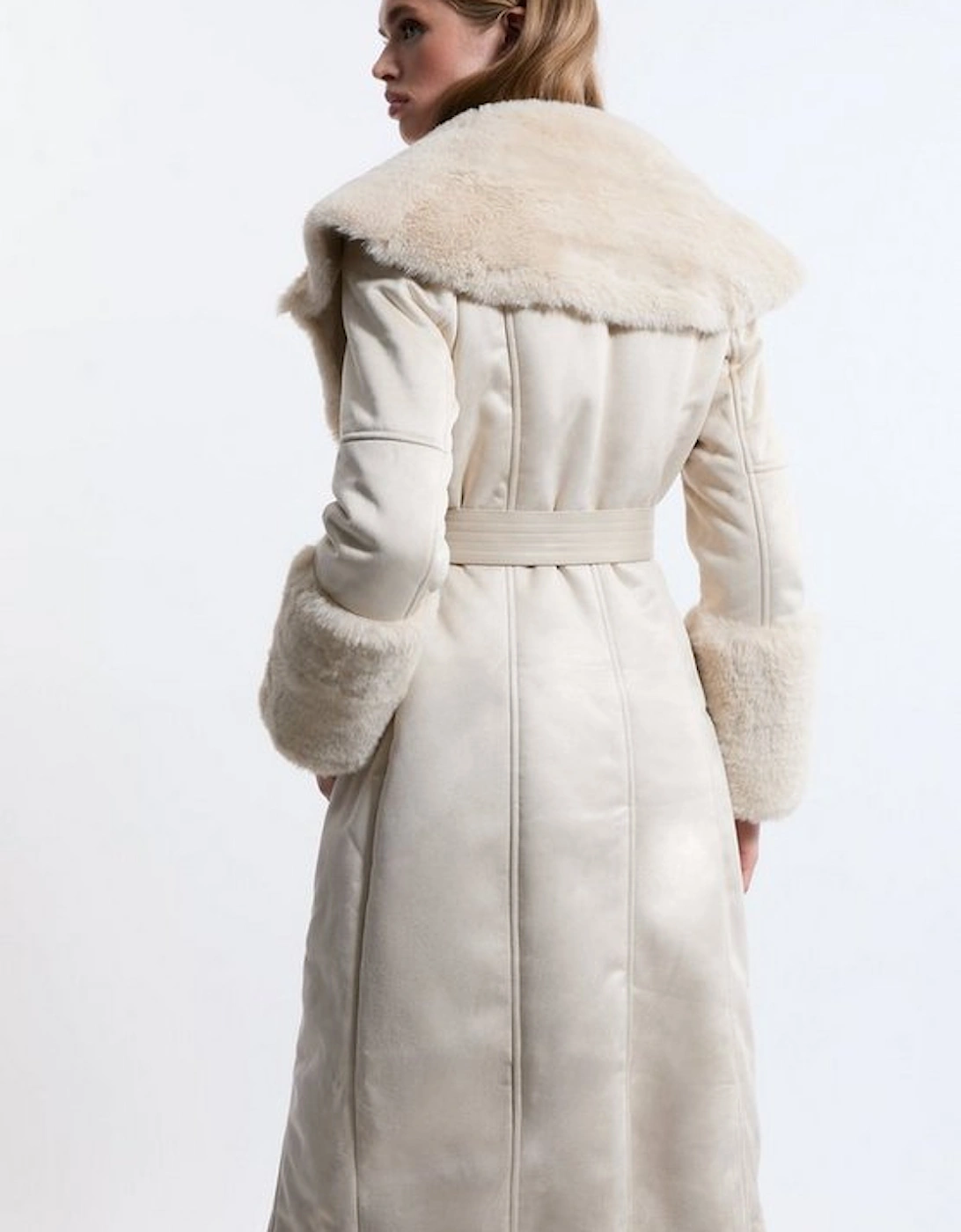 Faux Shearling Collar & Cuff Belted Midi Coat