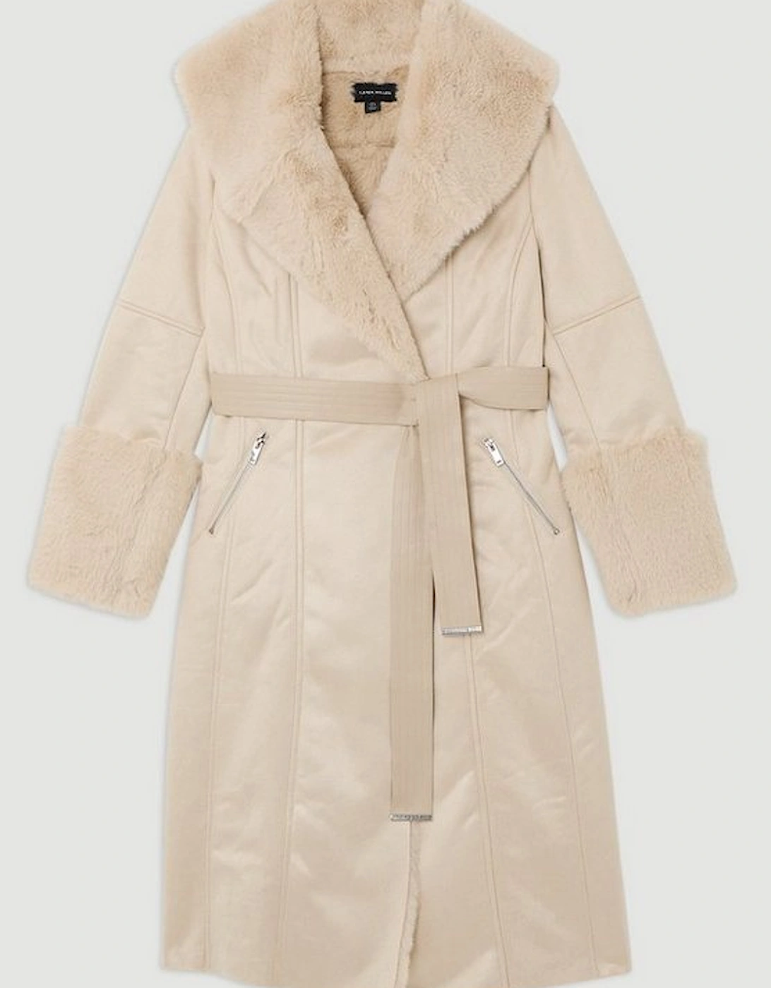 Faux Shearling Collar & Cuff Belted Midi Coat