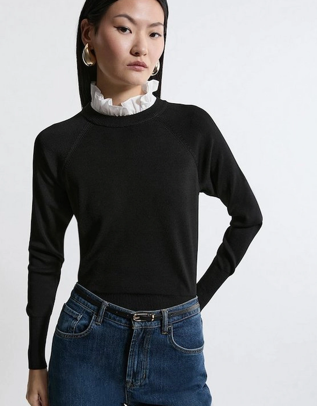 Premium Drape Knit Jumper With Removable Woven Frill Collar