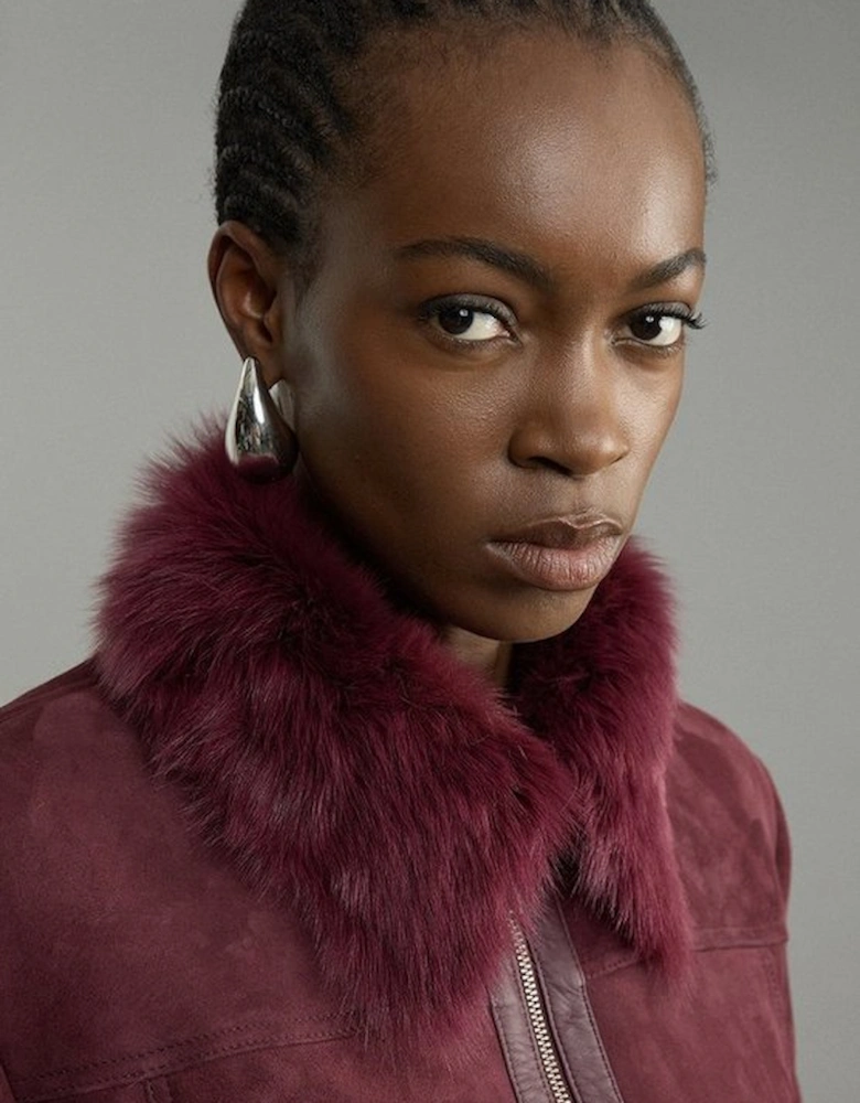 Shearling Buckle Detail Zip Through Coat