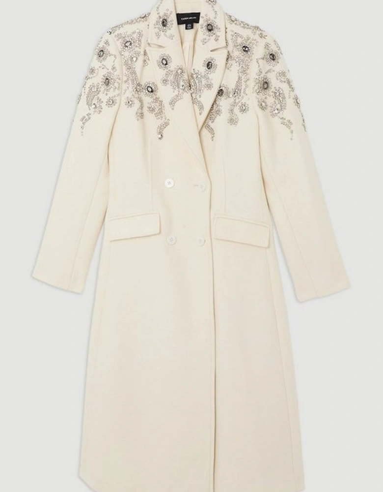 Tailored Wool Blend Embellished Double Breasted Midi Coat