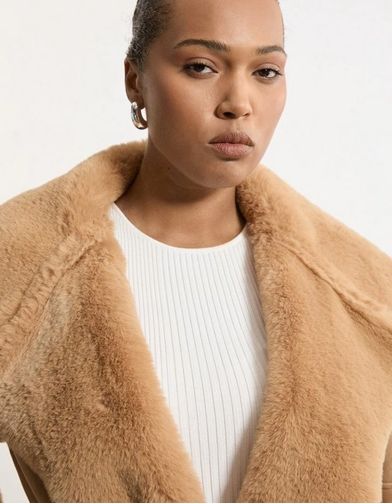 Plus Size Faux Shearling Collar & Cuff Belted Long Coat