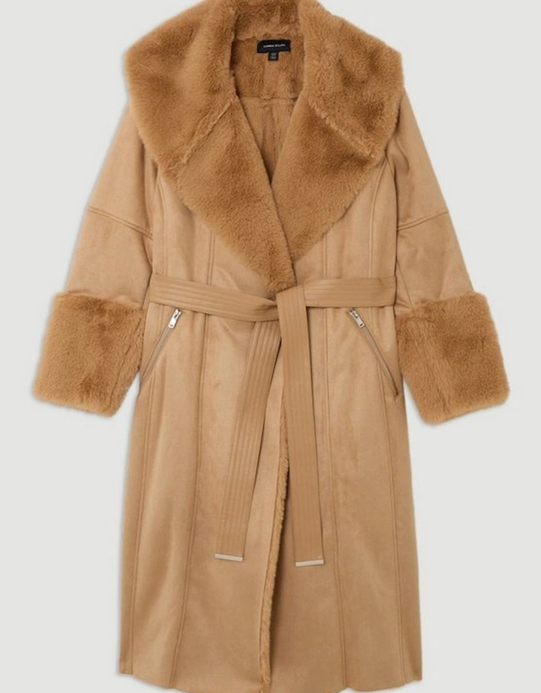 Plus Size Faux Shearling Collar & Cuff Belted Long Coat