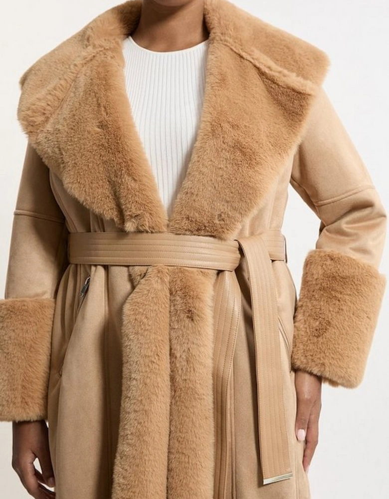 Plus Size Faux Shearling Collar & Cuff Belted Long Coat