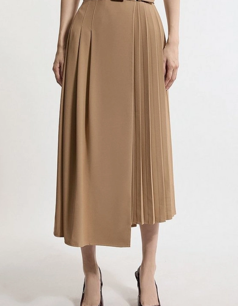 Petite Size Soft Tailored Crepe Belted Pleated Midi Skirt