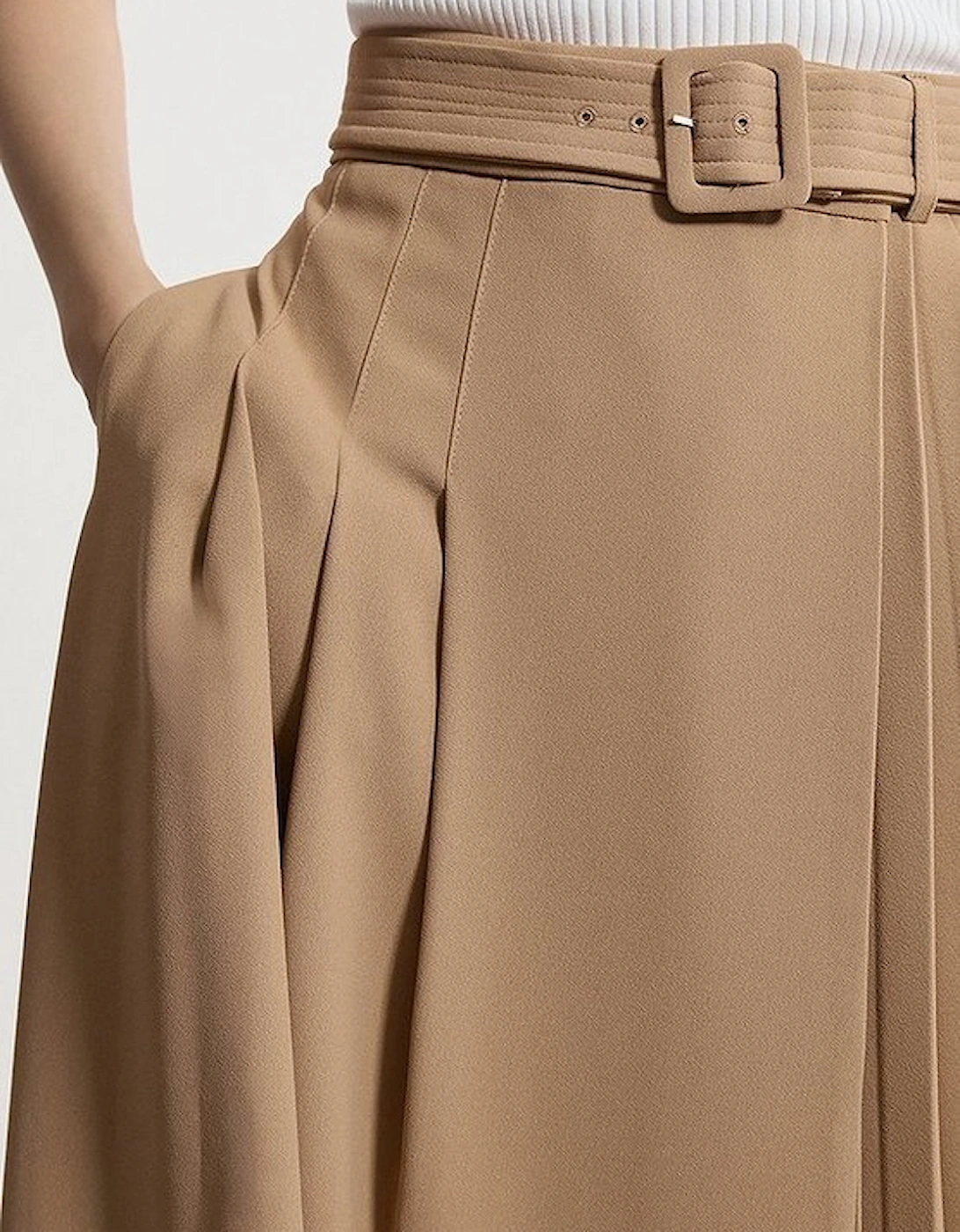 Petite Size Soft Tailored Crepe Belted Pleated Midi Skirt