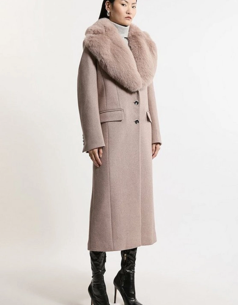 Wool Blend Fur Trim Collar Tailored Midi Coat