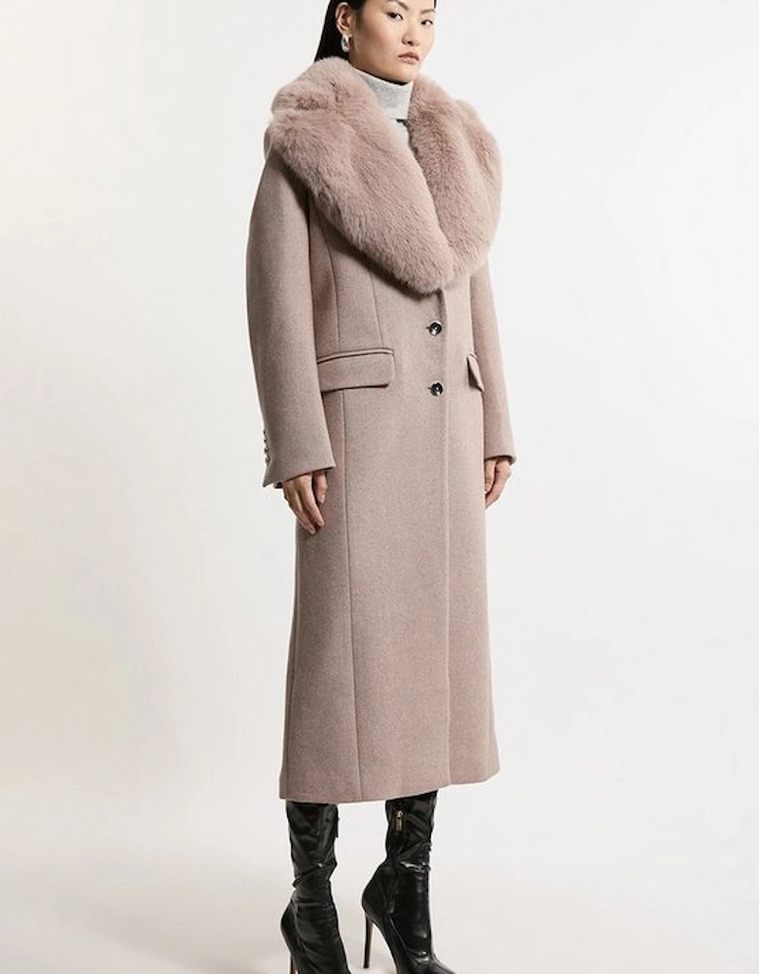 Wool Blend Fur Trim Collar Tailored Midi Coat