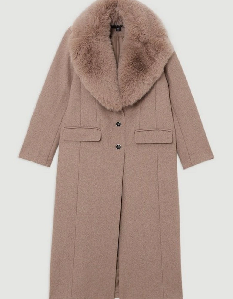 Wool Blend Fur Trim Collar Tailored Midi Coat