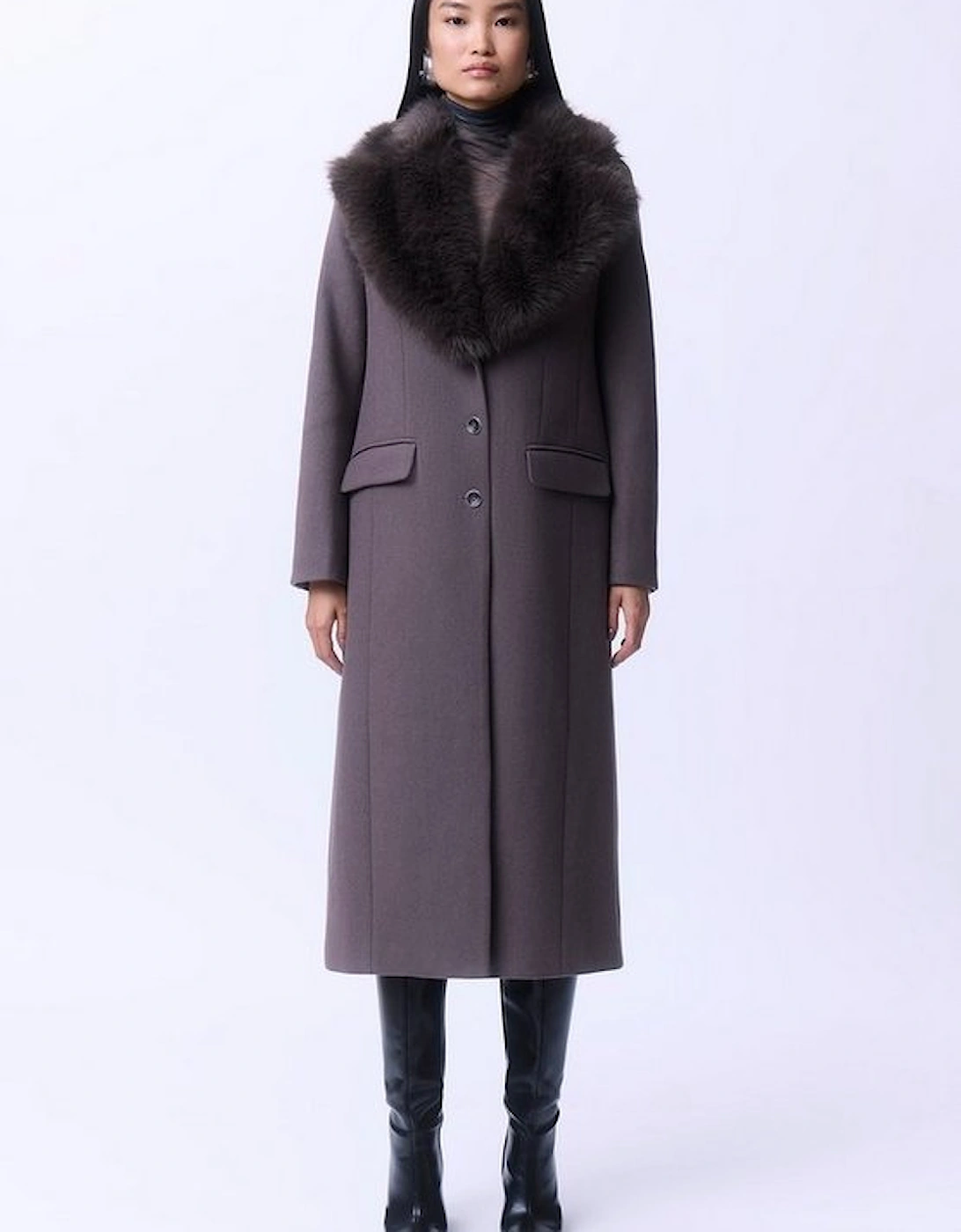 Wool Blend Fur Trim Collar Tailored Midi Coat