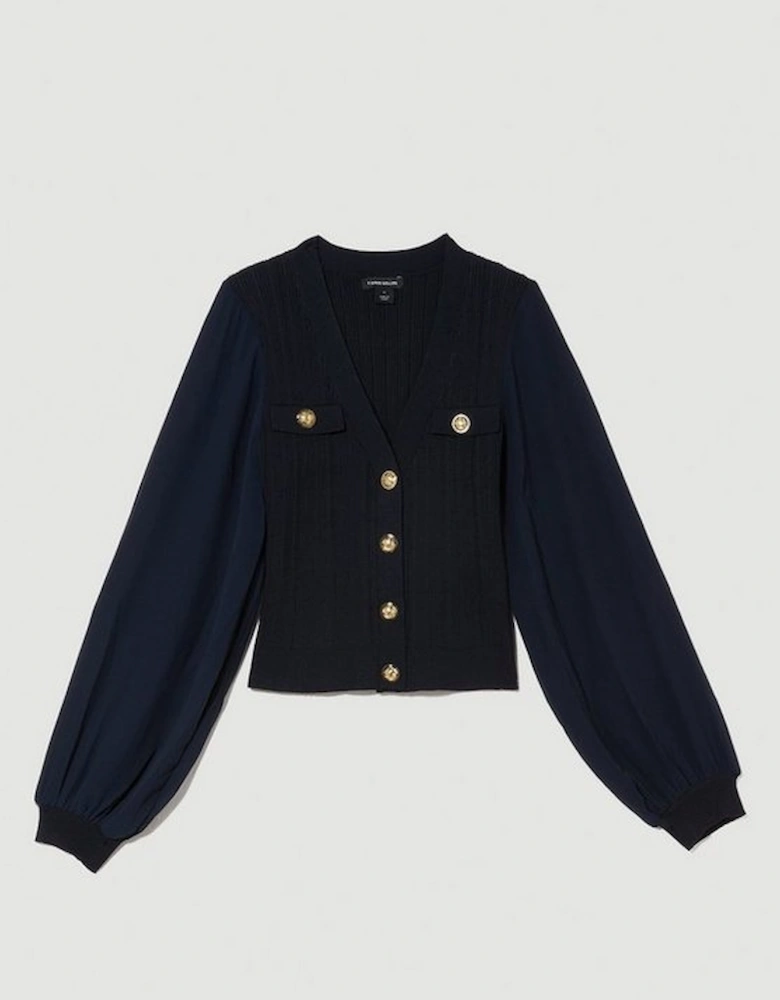 Military Rib Knit Georgette Sleeve Cardigan