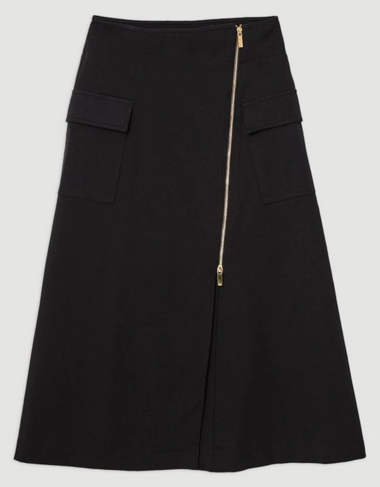 Tailored Asymmetric Wrap Zip Midi Skirt