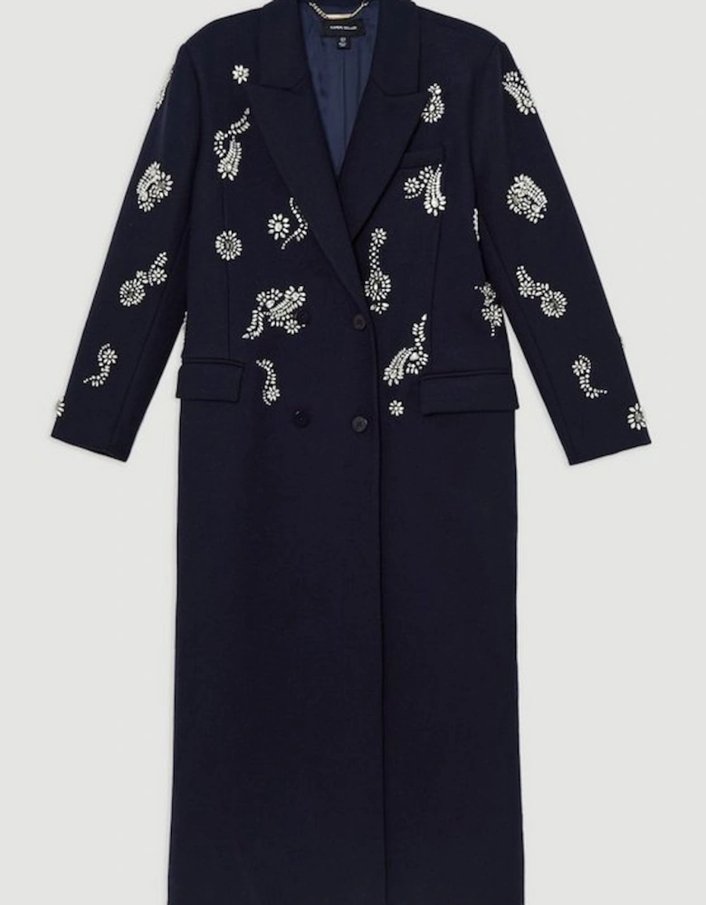 Tailored Wool Blend Embellished Maxi Coat