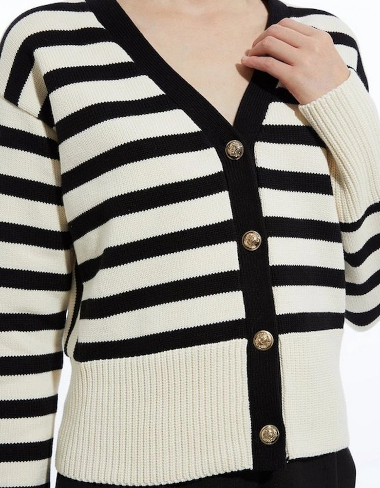 Cotton V Neck Knit Boxy Striped Cardigan