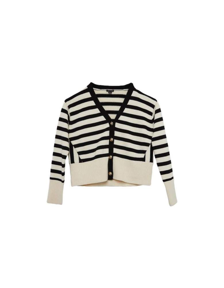 Cotton V Neck Knit Boxy Striped Cardigan