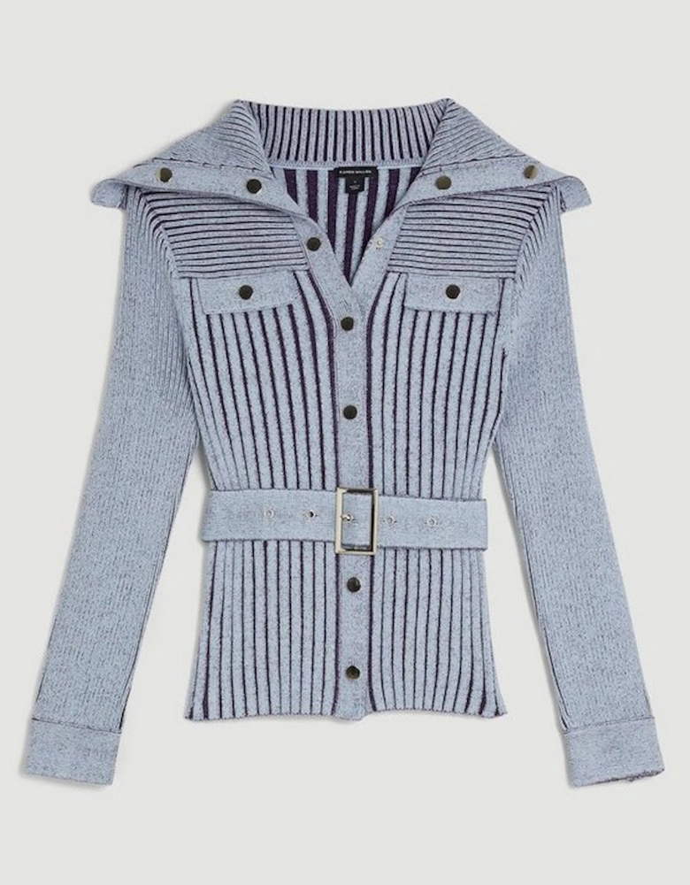 Viscose Blend Belted Utility Chambray Rib Knit Cardigan