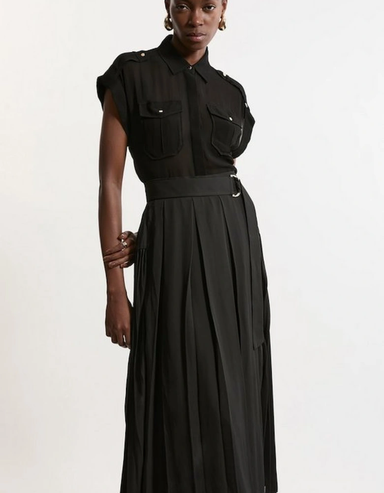 Tall Georgette Belted Pleat Woven Midi Skirt