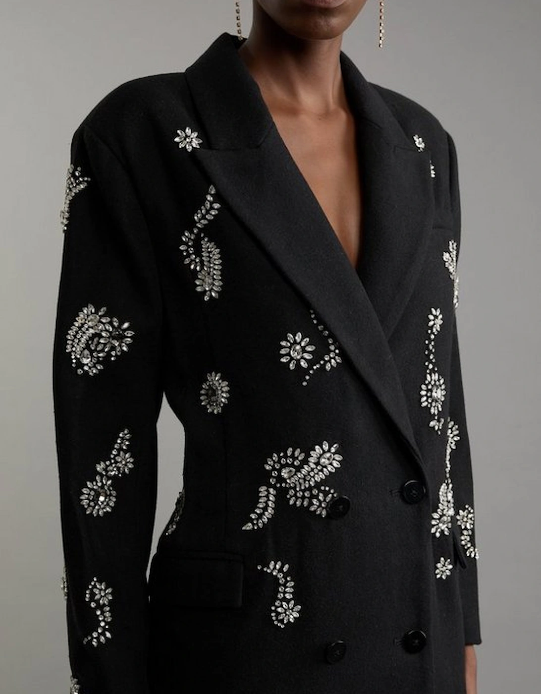 Tailored Wool Blend Embellished Maxi Coat