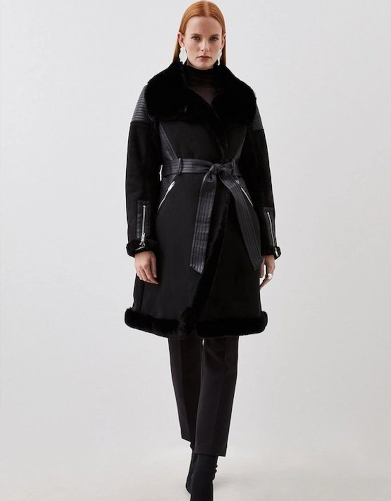 Petite Faux Shearling Biker Longline Belted Coat
