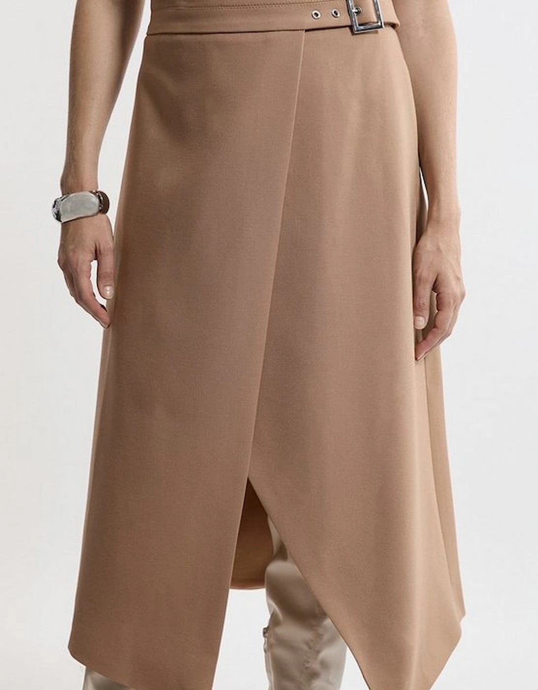 Compact Stretch Wrap Over Belted Tailored Maxi Skirt