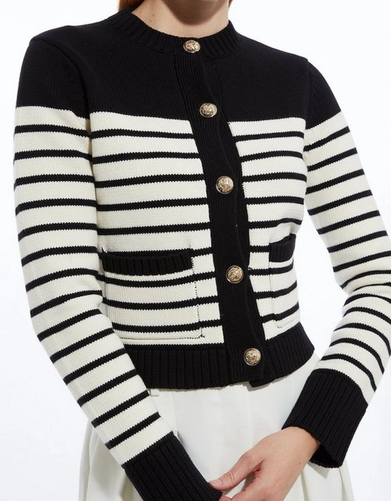 Cotton Cropped Knit Boxy Striped Cardigan