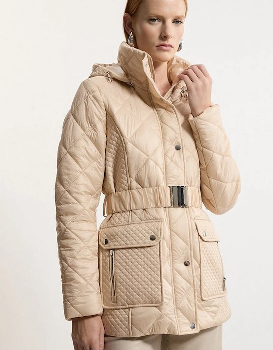 Diamond Quilted Belted Short Padded Coat