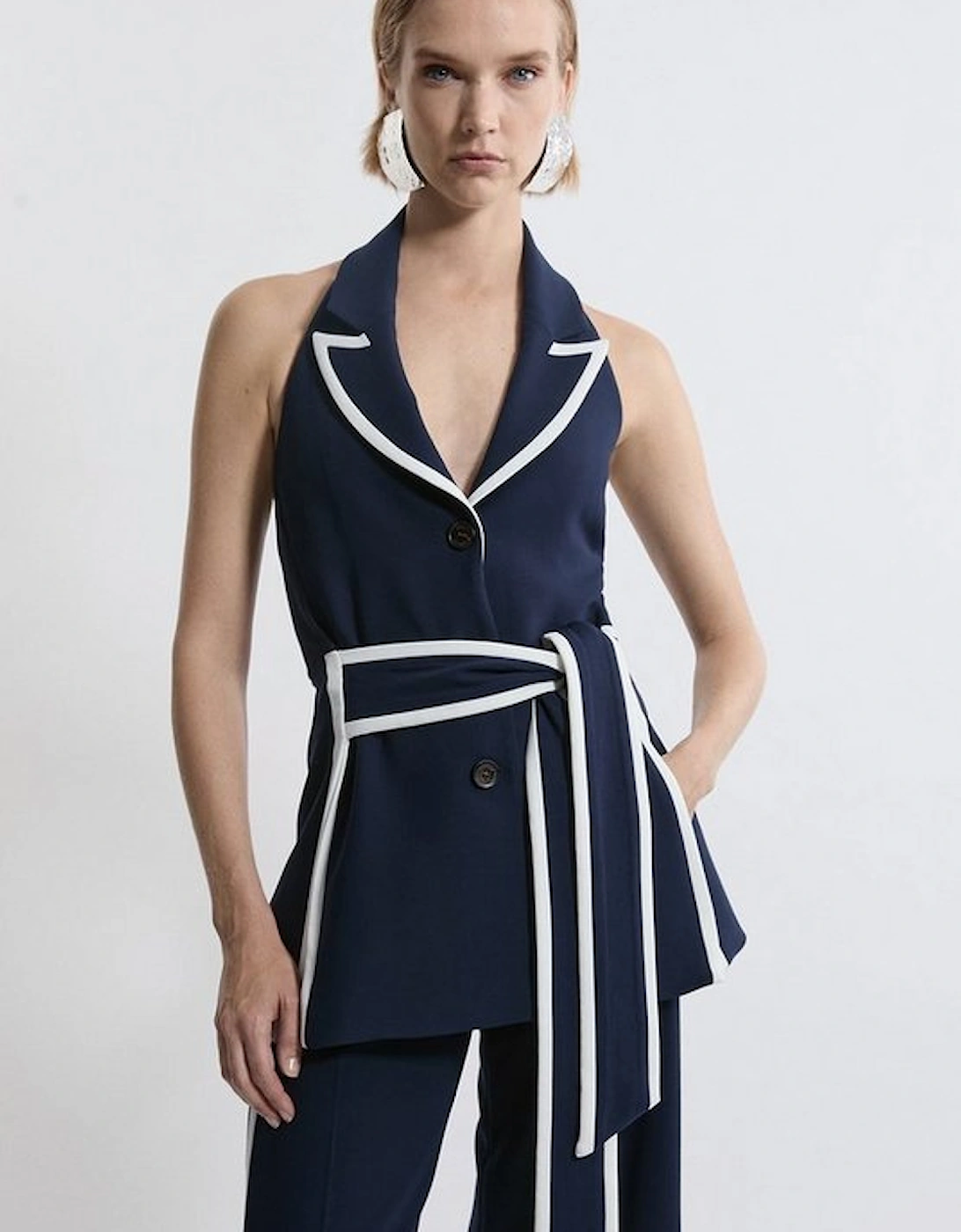 Compact Stretch Contrast Tipped Belted Wide Leg Tailored Jumpsuit