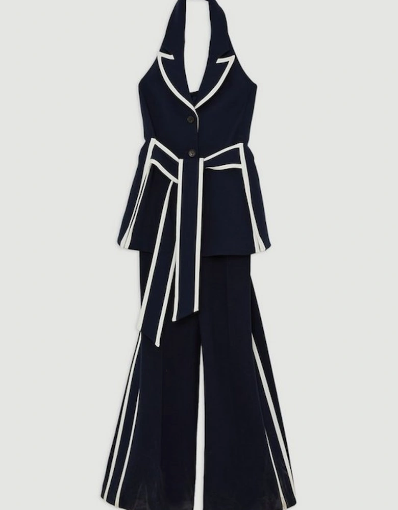 Compact Stretch Contrast Tipped Belted Wide Leg Tailored Jumpsuit