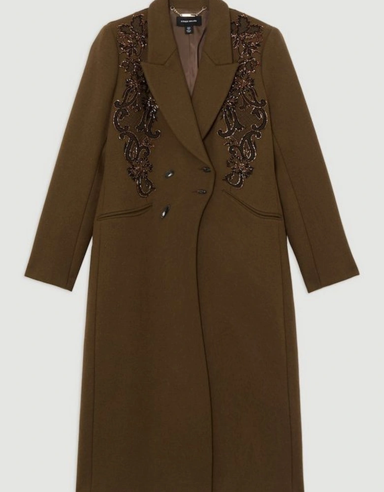 Wool Blend Embroidered Embellished Placed Floral Double Breasted Tailored Midi Coat