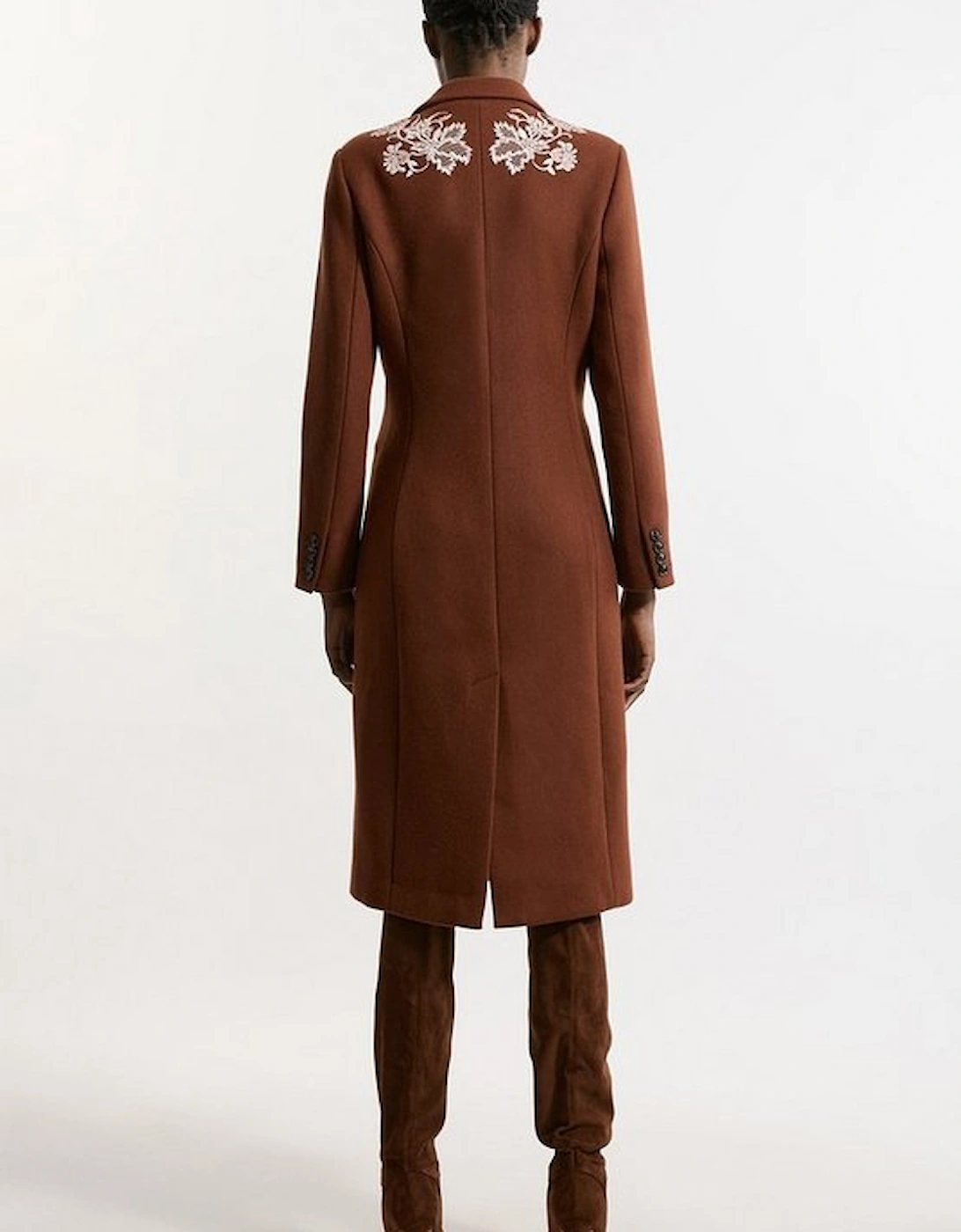 Wool Blend Embroidered Embellished Placed Floral Double Breasted Tailored Midi Coat