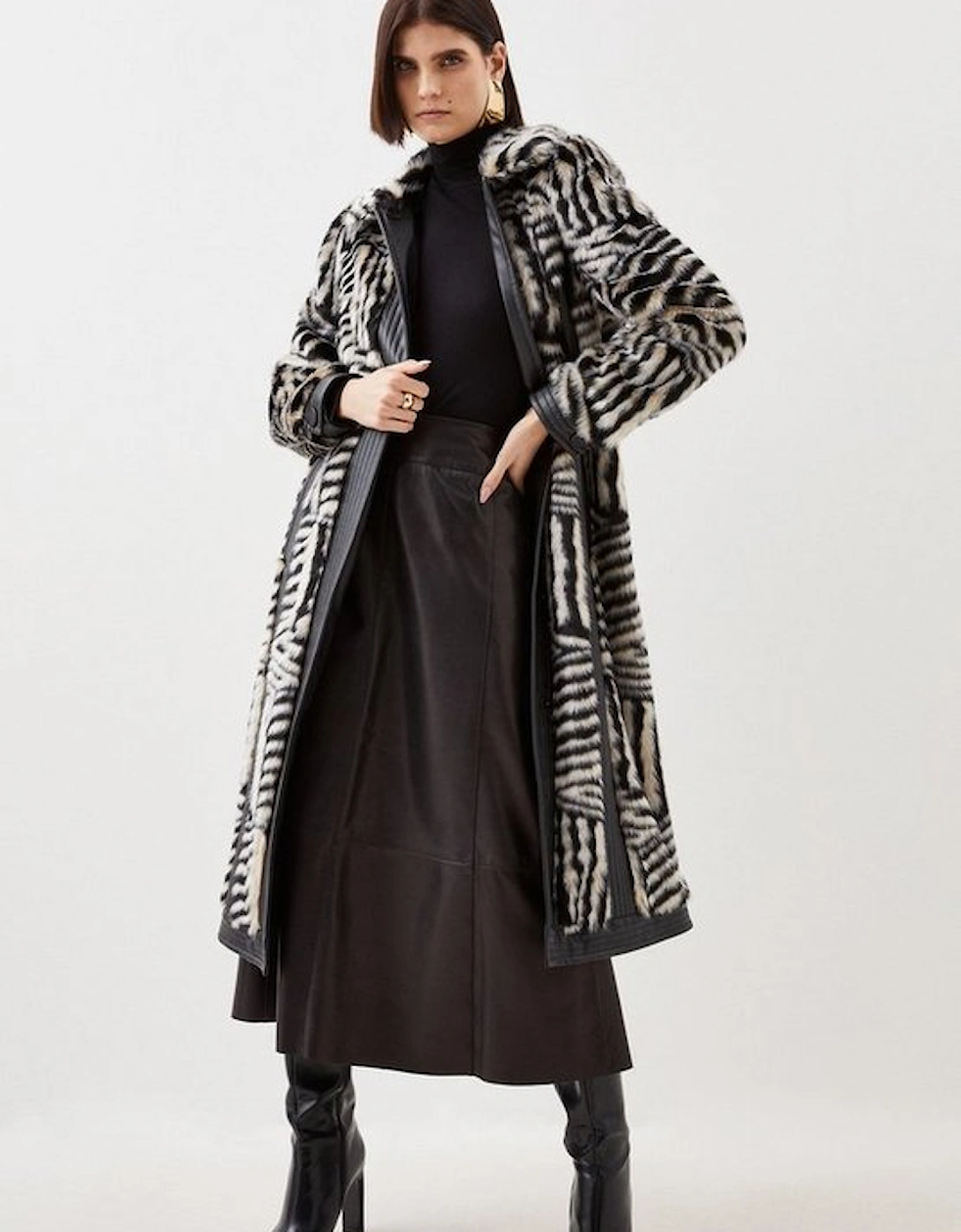 Tall Faux Fur Pu Panelled Stripe Belted Coat