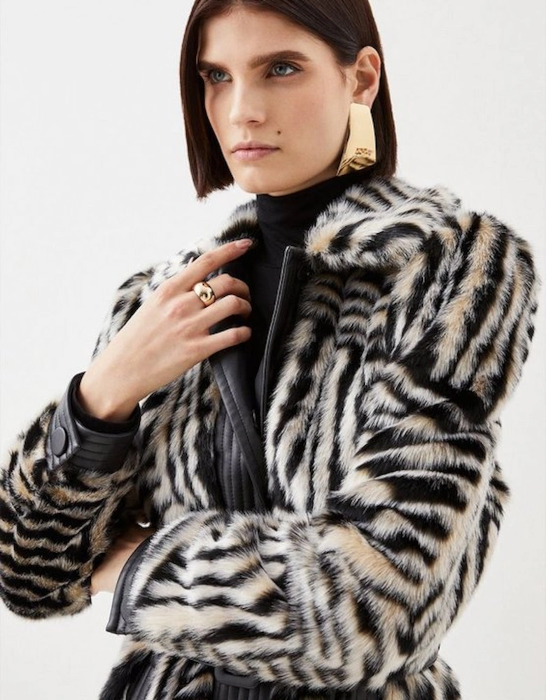 Tall Faux Fur Pu Panelled Stripe Belted Coat