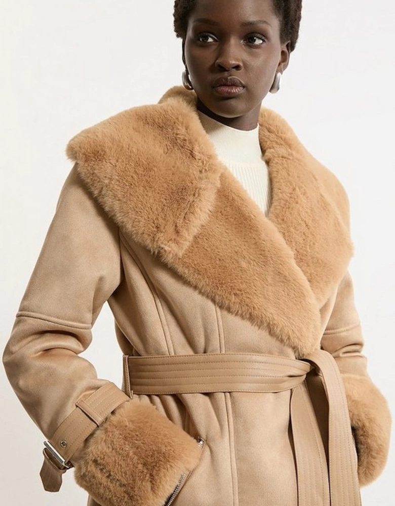 Tall Faux Shearling Collar & Cuff Belted Short Coat