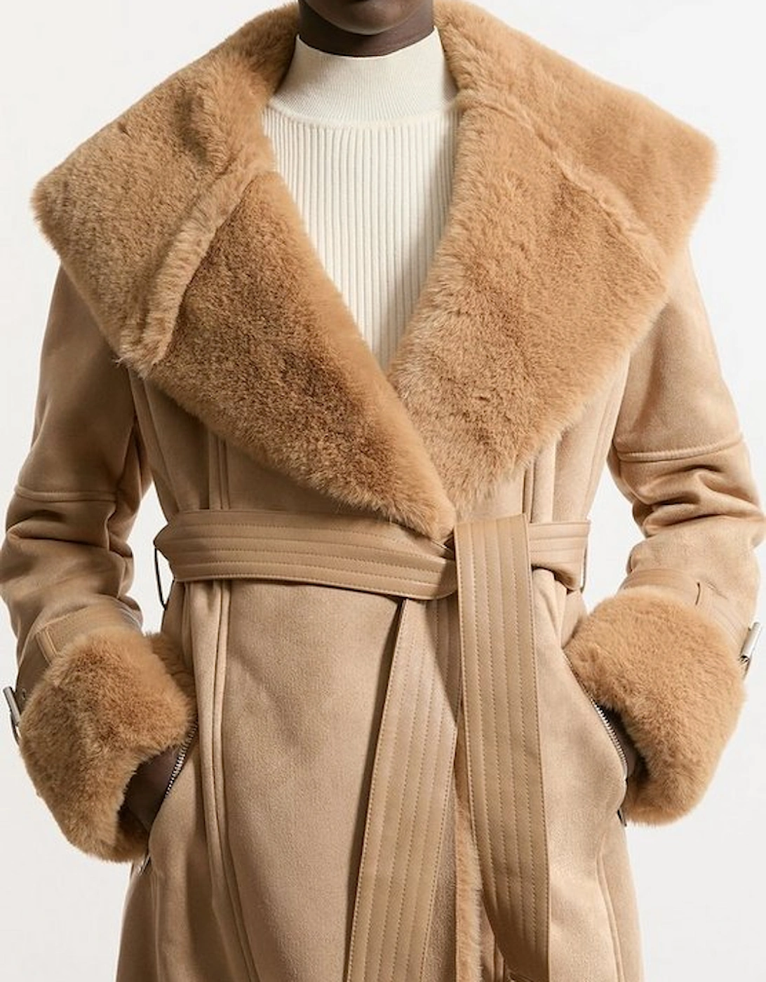 Tall Faux Shearling Collar & Cuff Belted Short Coat