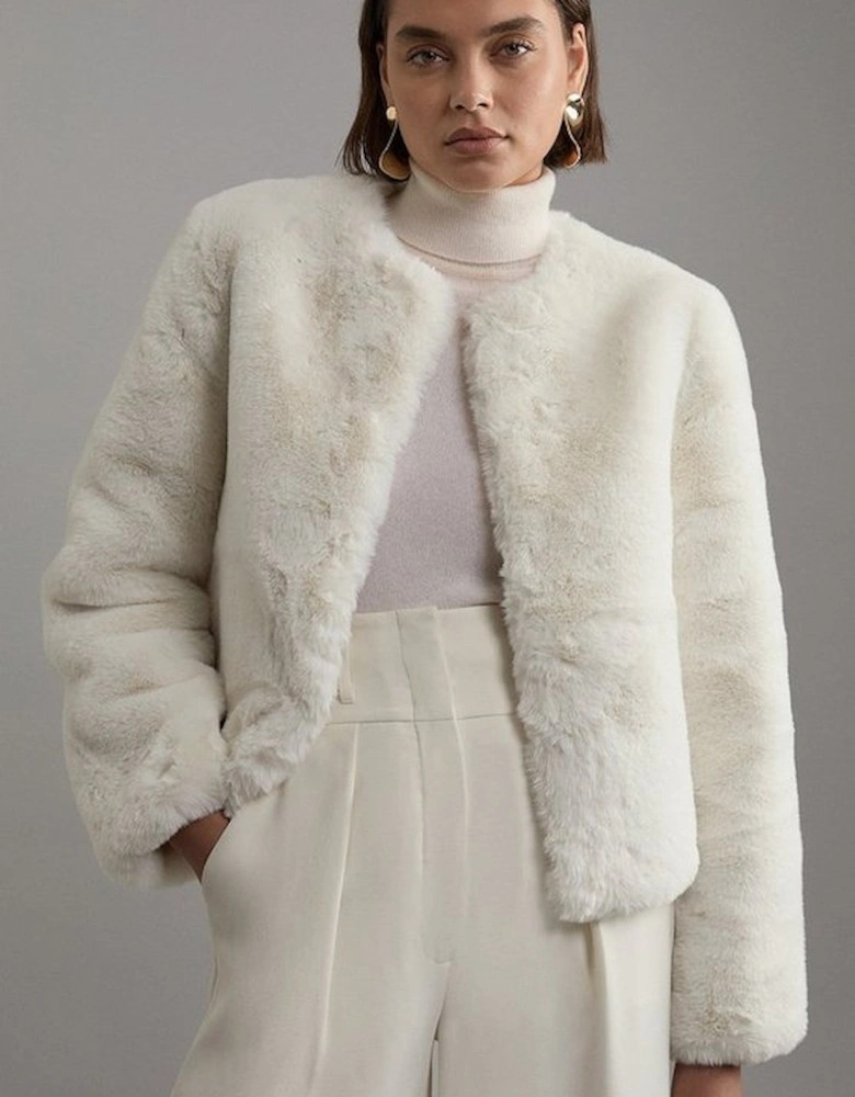 Collarless Faux Fur Jacket