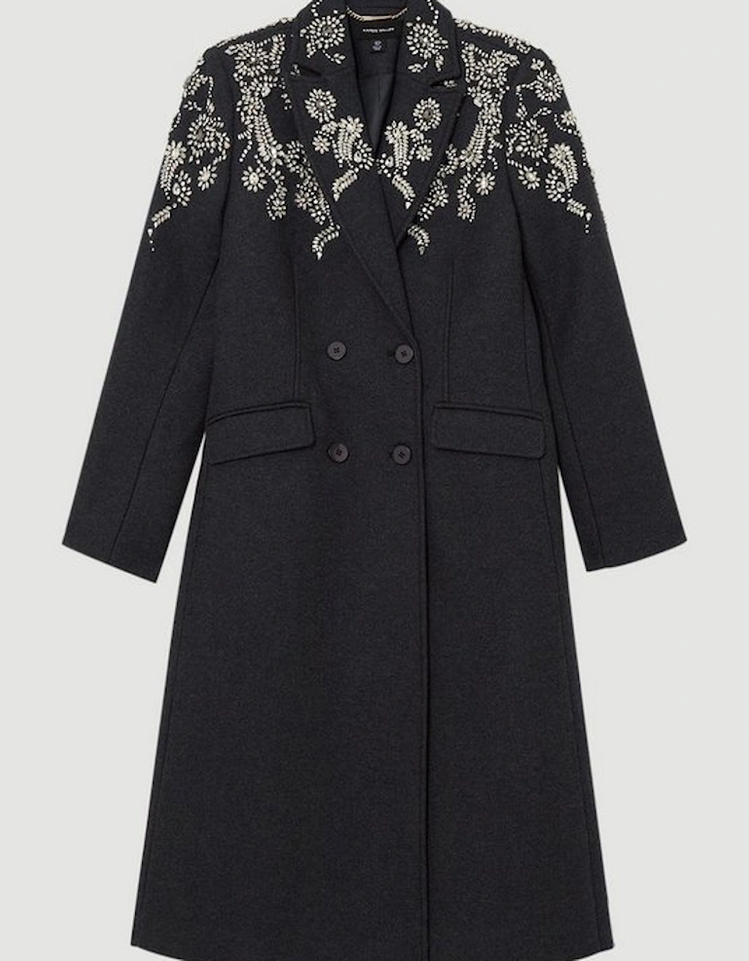 Tailored Wool Blend Embellished Double Breasted Midi Coat